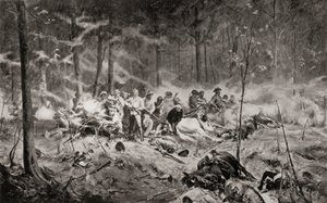 Den siste standen til major Allan Wilson på Shangani-elven, Matabeleland, under den første Matabele-krigen i 1893, etter maleriet av Allan Stewart, fra 'South Africa and the Transvaal War: Vol. 1' av Louis Creswicke, utgitt 1900 (litho) av English School