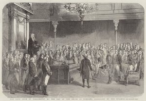 Den avdøde hertugen av Wellington i baren i Underhuset, talt av speakeren (gravering) av English School