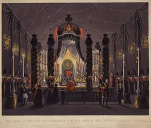 Det som ligger i tilstanden til restene av F M The Duke of Wellington ved Chelsea Hospital, november 1852 (farget gravering) av English School