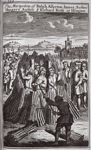 Martyrdøden til Ralph Allerton James Austoo, Margery Austoo og Richard Roth i Islington, illustrasjon fra #39;Foxes Martyrs#39; ca. 1703 (lito) av English School