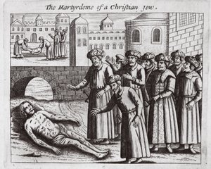 Martyrdøden til en kristen jøde, illustrasjon fra Acts and Monuments av John Foxe, niende utgave, pub. 1684 av English School
