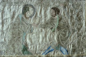 Martyrdøden til en helgen, detalj fra fronten av Steeple Aston Cope, ca. 1340-tallet (forgylt sølvtråd og farget silke på fawn silke twill) av English School