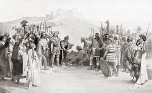 Møtet mellom Hannibal og Ceutrones, en keltisk stamme fra det gamle Gallia, under hans kryssing av Alpene i 218 f.Kr., fra Hutchinsons History of the Nations, pub.1915 av English School