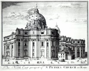 Nordøstprospektet til St. Peterskirken, Roma, gravert av H. Hulfbergh av English School