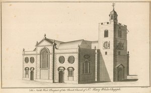 Nordvest-prospektet til Parish Church of St Mary, Whitechapel, London av English School