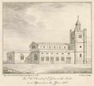 Den gamle kirken St Giles in the Fields, London, slik den så ut i år 1718 av English School