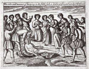 Rekkefølgen og måten å begrave i feltene som døde i fengsel, og nemlig Will Wiseman, illustrasjon fra Acts and Monuments av John Foxe, niende utgave, pub. 1684 av English School
