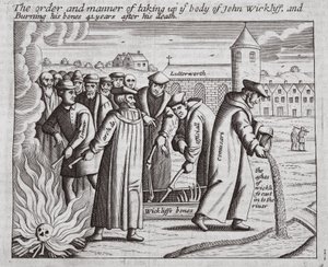 Rekkefølgen og måten å ta opp liket av John Wickliff og brenne beinene hans 44 år etter hans død, illustrasjon fra Acts and Monuments av John Foxe, niende utgave, pub. 1684 av English School