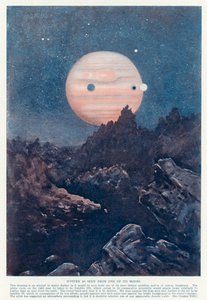 Planeten Jupiter sett fra en av dens måner (farge litho) av English School