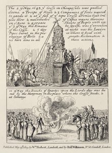 Nedtrekkingen av Cheapside Cross av ikonoklaster og puritanere, og brenning av Book of Sports ved samme sport den påfølgende søndagen i mai 1643, 1809 av English School