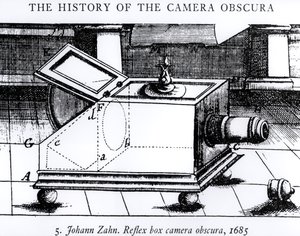 Refleksboksen camera obscura av Johann Zahn, 1685, fra The History of the Camera Obscura av English School