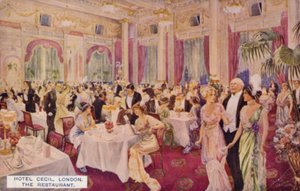 Restauranten, Hotel Cecil, London (fargelitografi) av English School