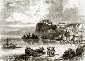 Steinen og byen Scylla, kysten av Sicilia av English School