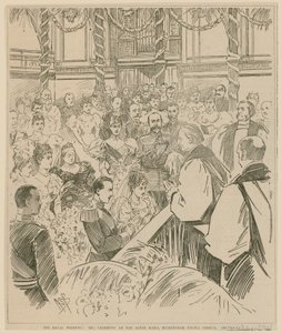 Det kongelige bryllupet, seremonien ved alterskinnene, Buckingham Palace Chapel, 23. juli 1896 av English School
