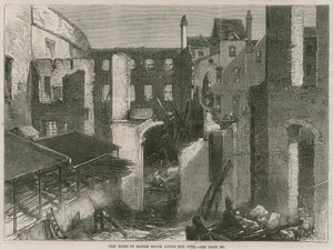 Ruinene av Savile House, Leicester Square, London, etter brannen av English School
