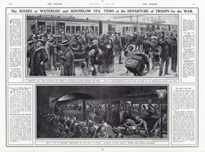 Scenene på Waterloo- og Hounslow-stasjonene ved avgang av tropper for krig, første verdenskrig, august 1914