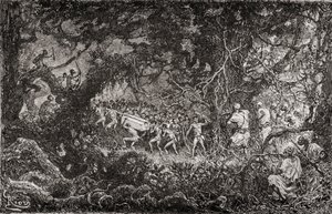 Speiderne på Sir Henry Morton Stanleys Emin Pasha-hjelpsekspedisjon i Afrika i 1888 oppdager pygmeer som bærer bort en kasse med ammunisjon, publisert 1890 av English School