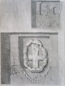 Signaturen til Anne Boleyn med Tudor-rosen under hennes fengsling i Tower of London og andre fanger som skar ut et kors, 1815 av English School