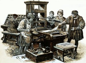 Den tredje trykkepressen i England ble satt opp i St. Albans i 1480 (gouache på papir) av English School