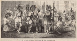 Krigsdansen til Ojibbeway-indianerne foran dronningen på Windsor Castle av English School