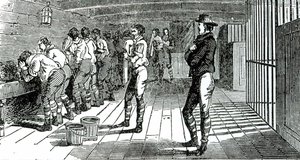 Vaskerommet under dekk - fordømte fagforeningsfolk blir fraktet til Australia, illustrert i The Martyrs of Tolpuddle, utgitt av Trades Union Congress, 1834 av English School