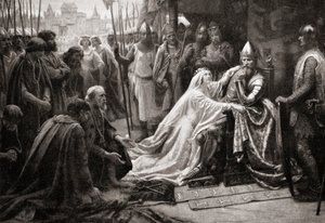 Kona til kong Edward III, dronning Philippa av Hainault, går i forbønn for mannen sin for å be om at livene til de syv borgerne i Calais skal spares (trykk) av English School