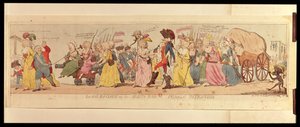 Kvinnene i Les Halles tar Louis XVI (1754-93) fra Versailles, utgitt av S.W. Fores, 1789 (håndfarget gravering) av English School