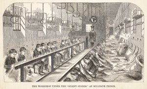 Verkstedet under Silent System i Millbank Prison, illustrasjon fra The Criminal Prisons of London og Scenes from Prison Life av Henry Mayhew og John Binny, pub. 1862 av English School