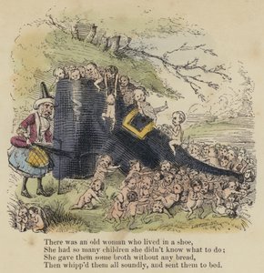 Det var en gammel kvinne som bodde i en sko, Hun hadde så mange barn at hun ikke visste hva hun skulle gjøre; Hun ga dem litt buljong uten brød, så pisket dem alle godt og sendte dem til sengs (farget gravering) av English School