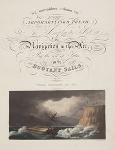 "Things trieded yet" , Milton, frontispice fra "The Aeropleustic Art, or Navigation in the Air, by the Use of Kites, or Buoyant Sails, pub. 1827 (håndfarget akvatint) av English School