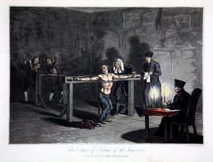 Inkvisisjonens tredje grad av tortur, gravert av LC Stadler, pub. av Cadell & Davies, London, ca. 1813 (farget gravering) av English School