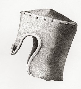 Trettende århundre sylindrisk flattopp hjelm med nese, gravd opp ved Montgomery Castle i 1841, fra The British Army: Its Origins, Progress and Equipment, publisert 1868. av English School