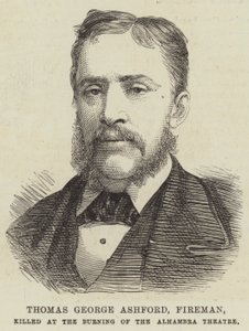 Thomas George Ashford, brannmann, drept ved Burning of the Alhambra Theatre (gravering) av English School