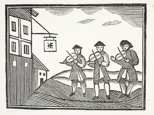 Three Fidlers in Thames Street, som spilte opp en brudgom om morgenen, som ikke ga dem noe å drikke, illustrasjon fra Chap-books of the Eighteenth Century av John Ashton, pub. 1882 av English School