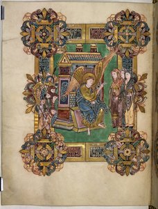 Three Maries at the Sepulchre, fra The Benedictional of St Æthelwold, ca. 963-984 (blekk og gull på pergament) av English School