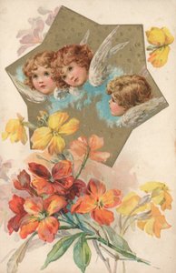 Tre kjeruber i et bilde dekorert med blomster av English School