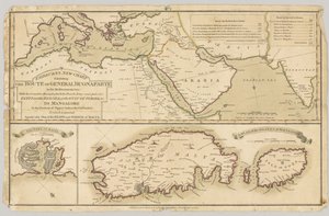 Tre trykte fargede kart: Fairburns nye kart som viser ruten til General Bonaparte i Middelhavet, 1798 av English School