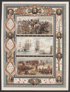 Tre vignetter som viser marine- og landkampscener, inkludert R Caton Woodvilles "Relief of the Light Brigade" av English School