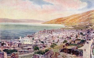 Tiberius og Genesaretsjøen, Israel, ca. 1910 (litho-farge) av English School
