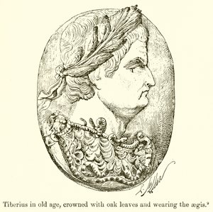 Tiberius i alderdom, kronet med eikeløv og iført Aegis av English School