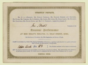 Billett til Charles Dickens amatørdramatiske forestilling, 1845 av English School