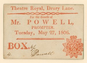 Billett til Drury Lane Theatre, London: For the Benefit of Mr Powell, sufflør, 27. mai 1806 av English School