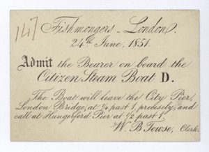 Billett for fiskehandlere i London for å ta en båttur på Citizen Steam Boat, 24. juni 1851 av English School