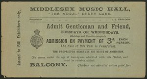 Billett til Middlesex Music Hall, The Mogul, Drury Lane, London av English School