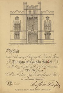 Billett for legging av den første steinen til City of London School, 21. oktober 1835 av English School