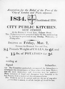 Billett utstedt til de fattige for å motta kull og poteter fra City Public Kitchen, New Street, London, 1834 av English School