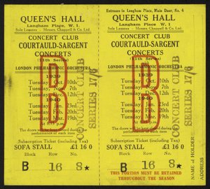 Billett til Courtauld-Sargent-konsertene, Queens Hall, Langham Place, London, 1939-1940 av English School