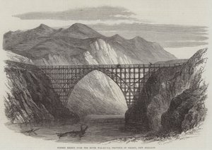 Timber Bridge over elven Wai-Au-Ua, provinsen Nelson, New Zealand (gravering) av English School