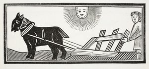 Dette er en plog som bryter opp jordens tarmer for såing av mais, illustrasjon fra Chap-books of the Eighteenth Century av John Ashton, pub. 1882 av English School