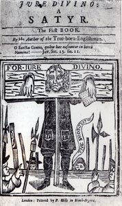 Tittelsiden til den første boken til Jure Divino - A Satyr av Daniel Defoe (1660-1731) utgitt i 1706 av English School
